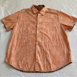 Robert Graham Men’s flip collar short sleeve shirt orange leaf print, XL FIT